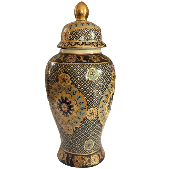 Chinese Hand Painted Vase Zhong Guo Zhi Zao Blue Gold Floral Motif Vintage China - Picture 1 of 8